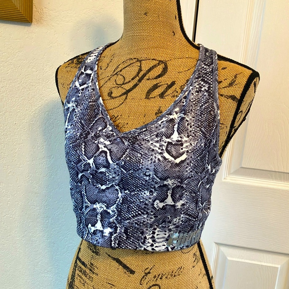 Puma sports bra snake pattern print V neck gray black white halter crop top tank